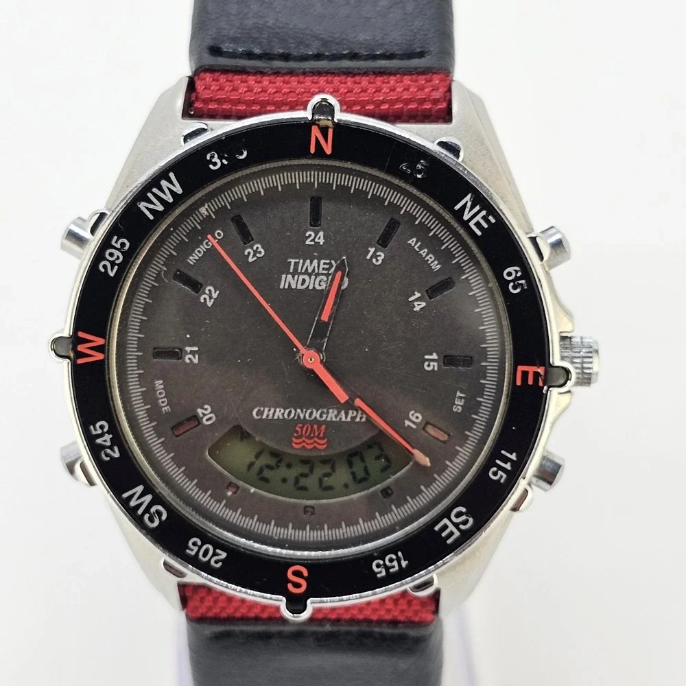 VTG Timex Analog Digital Men's Watch 40MM Brown Dial New Red Bands New Battery